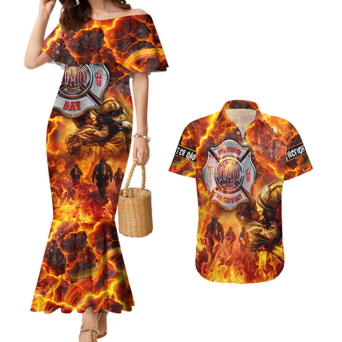 Firefighter Fathers Day Couples Matching Mermaid Dress and Hawaiian Shirt Dad By Name - Firefighter By Heart