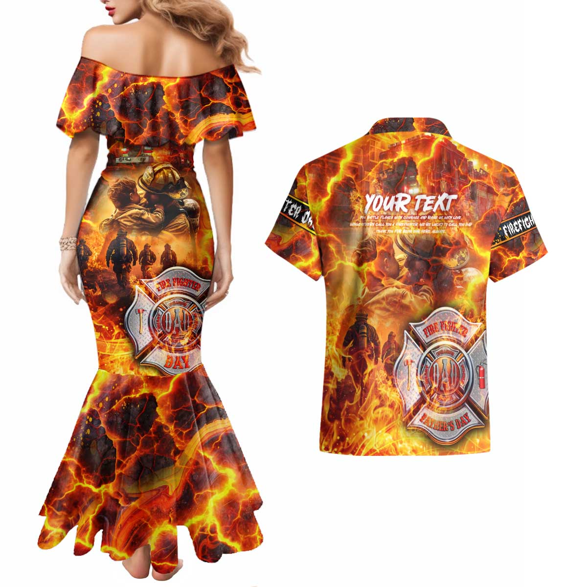 Firefighter Fathers Day Couples Matching Mermaid Dress and Hawaiian Shirt Dad By Name - Firefighter By Heart