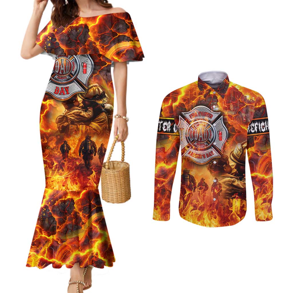 Firefighter Fathers Day Couples Matching Mermaid Dress and Long Sleeve Button Shirt Dad By Name - Firefighter By Heart