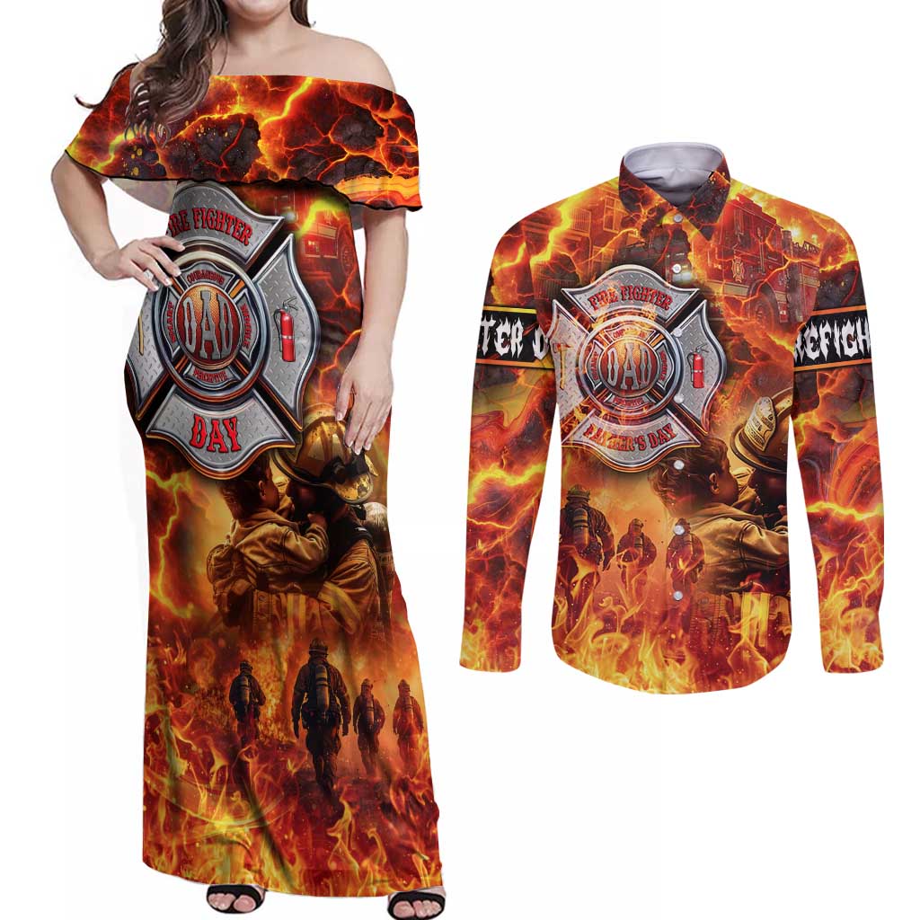 Firefighter Fathers Day Couples Matching Off Shoulder Maxi Dress and Long Sleeve Button Shirt Dad By Name - Firefighter By Heart