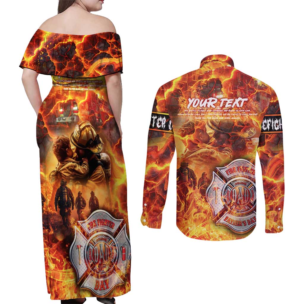 Firefighter Fathers Day Couples Matching Off Shoulder Maxi Dress and Long Sleeve Button Shirt Dad By Name - Firefighter By Heart