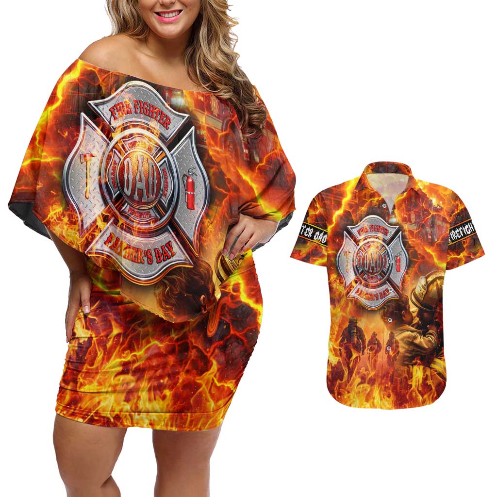 Firefighter Fathers Day Couples Matching Off Shoulder Short Dress and Hawaiian Shirt Dad By Name - Firefighter By Heart
