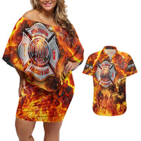 Firefighter Fathers Day Couples Matching Off Shoulder Short Dress and Hawaiian Shirt Dad By Name - Firefighter By Heart