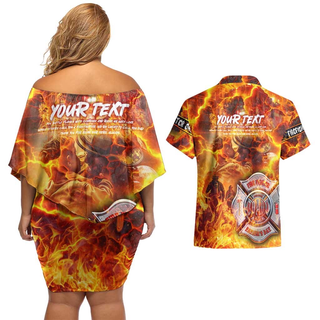 Firefighter Fathers Day Couples Matching Off Shoulder Short Dress and Hawaiian Shirt Dad By Name - Firefighter By Heart