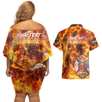 Firefighter Fathers Day Couples Matching Off Shoulder Short Dress and Hawaiian Shirt Dad By Name - Firefighter By Heart