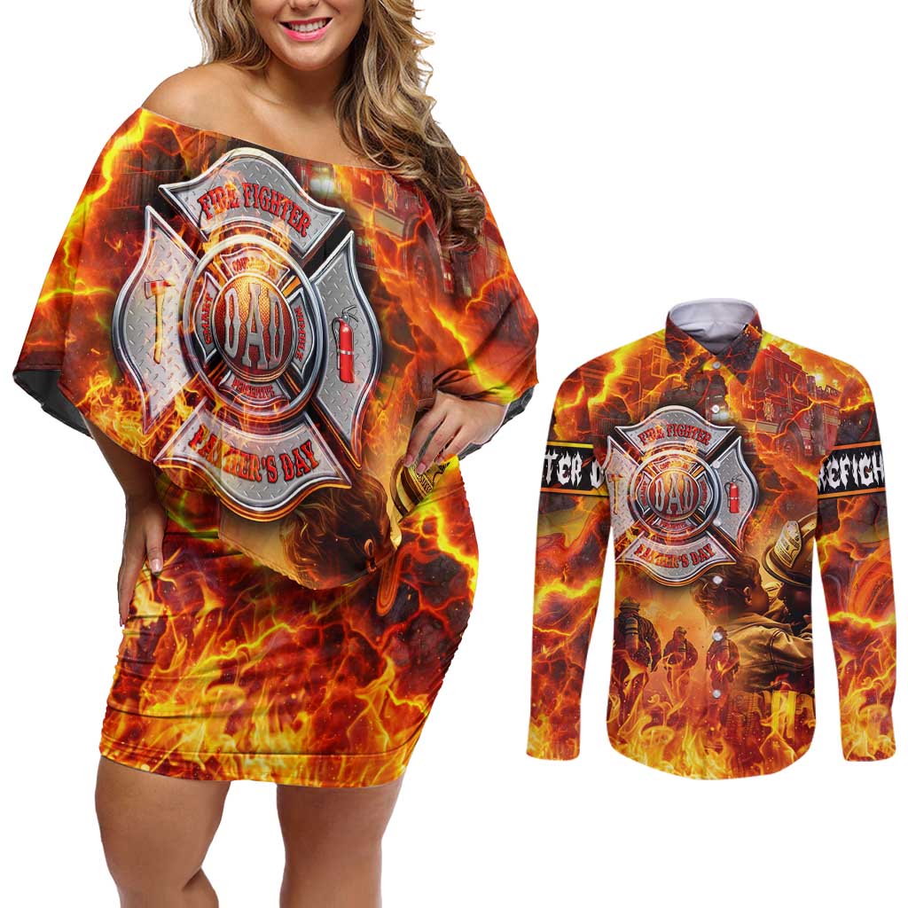 Firefighter Fathers Day Couples Matching Off Shoulder Short Dress and Long Sleeve Button Shirt Dad By Name - Firefighter By Heart