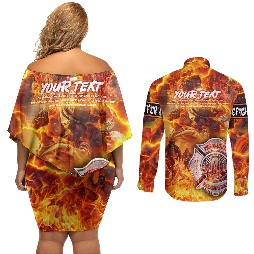 Firefighter Fathers Day Couples Matching Off Shoulder Short Dress and Long Sleeve Button Shirt Dad By Name - Firefighter By Heart
