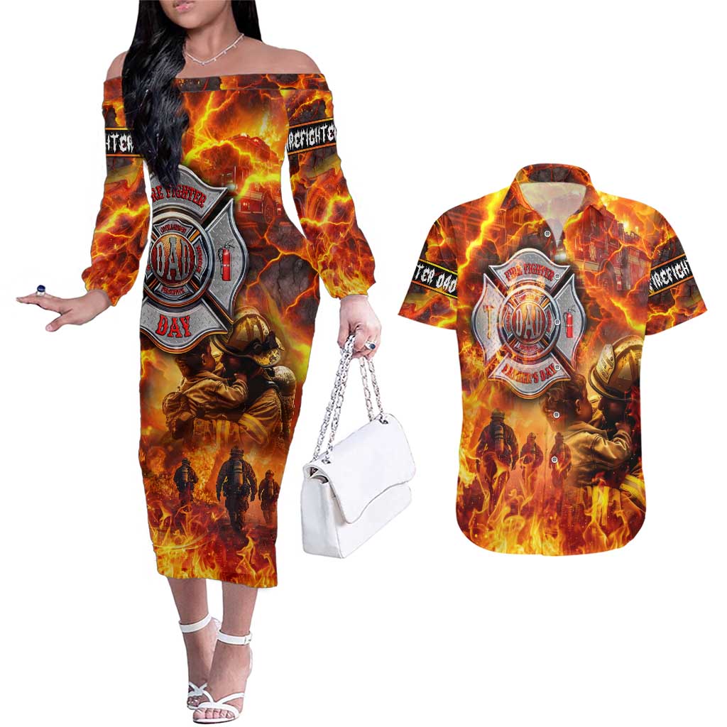Firefighter Fathers Day Couples Matching Off The Shoulder Long Sleeve Dress and Hawaiian Shirt Dad By Name - Firefighter By Heart