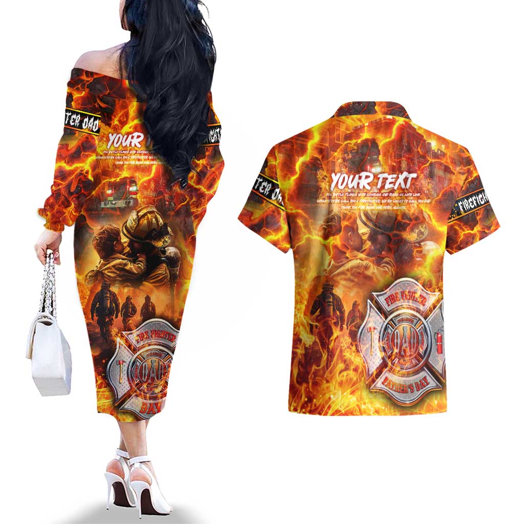 Firefighter Fathers Day Couples Matching Off The Shoulder Long Sleeve Dress and Hawaiian Shirt Dad By Name - Firefighter By Heart