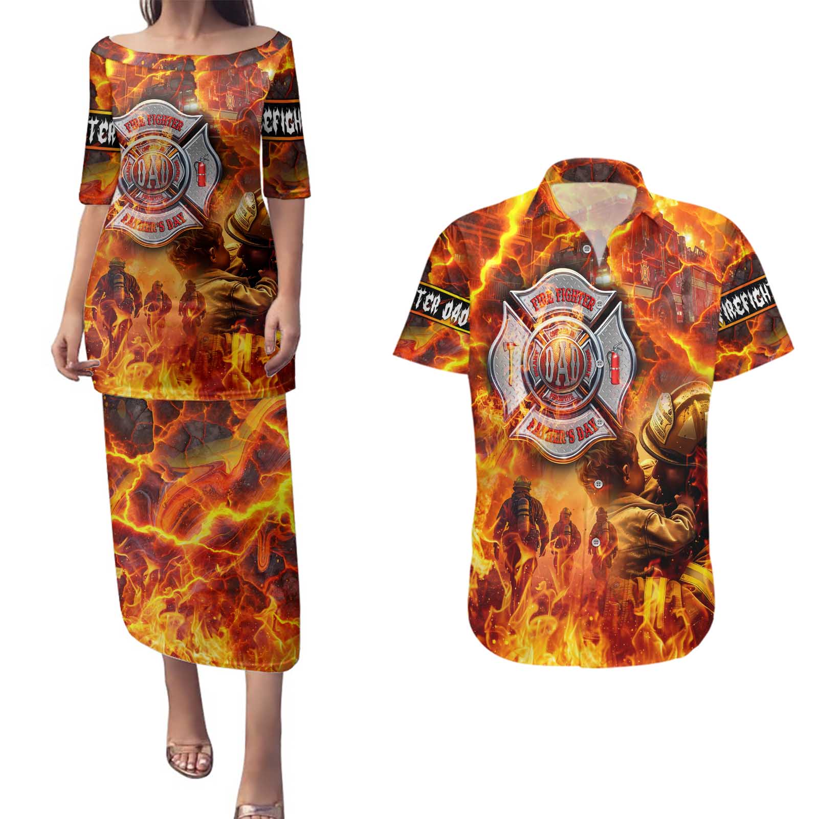 Firefighter Fathers Day Couples Matching Puletasi and Hawaiian Shirt Dad By Name - Firefighter By Heart