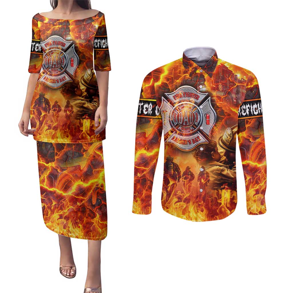 Firefighter Fathers Day Couples Matching Puletasi and Long Sleeve Button Shirt Dad By Name - Firefighter By Heart