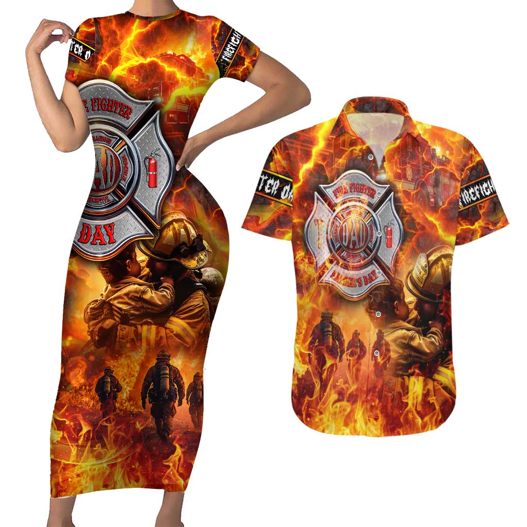 Firefighter Fathers Day Couples Matching Short Sleeve Bodycon Dress and Hawaiian Shirt Dad By Name - Firefighter By Heart