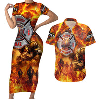 Firefighter Fathers Day Couples Matching Short Sleeve Bodycon Dress and Hawaiian Shirt Dad By Name - Firefighter By Heart