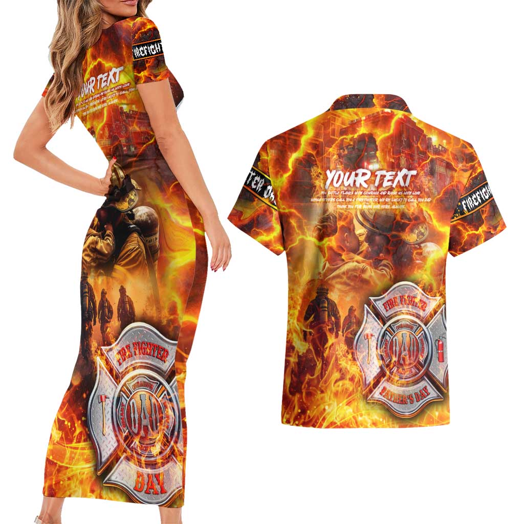 Firefighter Fathers Day Couples Matching Short Sleeve Bodycon Dress and Hawaiian Shirt Dad By Name - Firefighter By Heart
