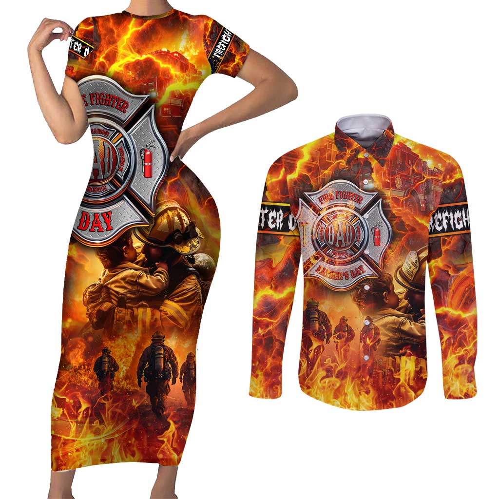 Firefighter Fathers Day Couples Matching Short Sleeve Bodycon Dress and Long Sleeve Button Shirt Dad By Name - Firefighter By Heart