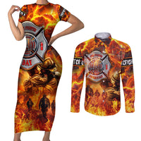 Firefighter Fathers Day Couples Matching Short Sleeve Bodycon Dress and Long Sleeve Button Shirt Dad By Name - Firefighter By Heart