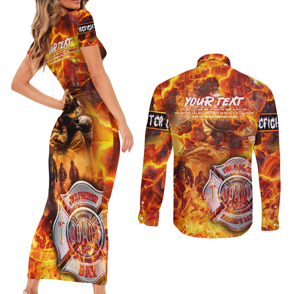 Firefighter Fathers Day Couples Matching Short Sleeve Bodycon Dress and Long Sleeve Button Shirt Dad By Name - Firefighter By Heart