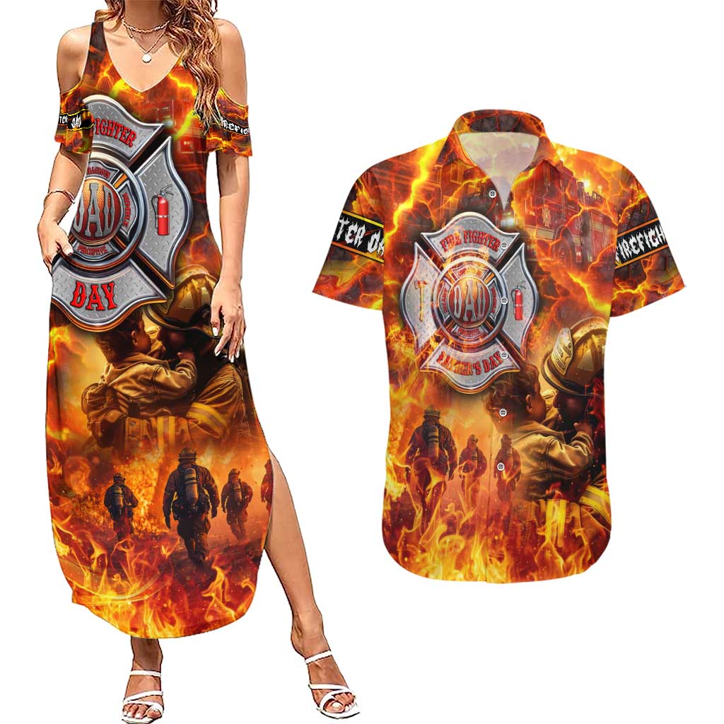 Firefighter Fathers Day Couples Matching Summer Maxi Dress and Hawaiian Shirt Dad By Name - Firefighter By Heart