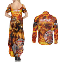 Firefighter Fathers Day Couples Matching Summer Maxi Dress and Long Sleeve Button Shirt Dad By Name - Firefighter By Heart