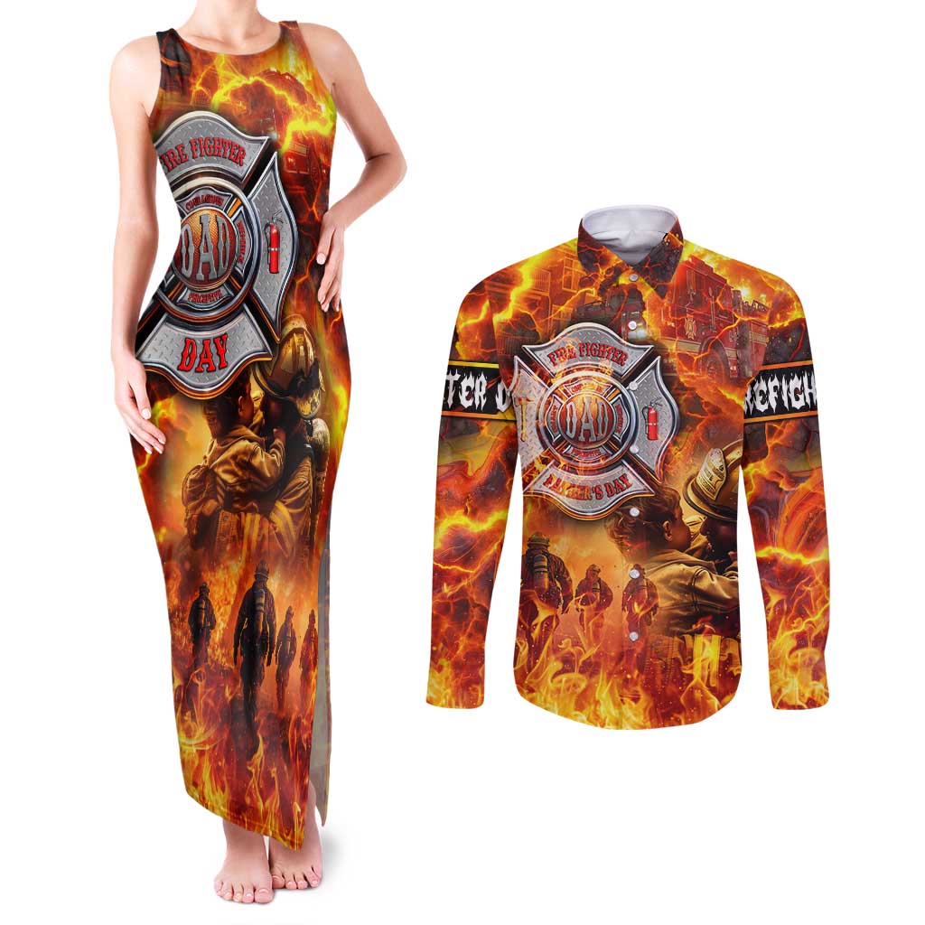 Firefighter Fathers Day Couples Matching Tank Maxi Dress and Long Sleeve Button Shirt Dad By Name - Firefighter By Heart