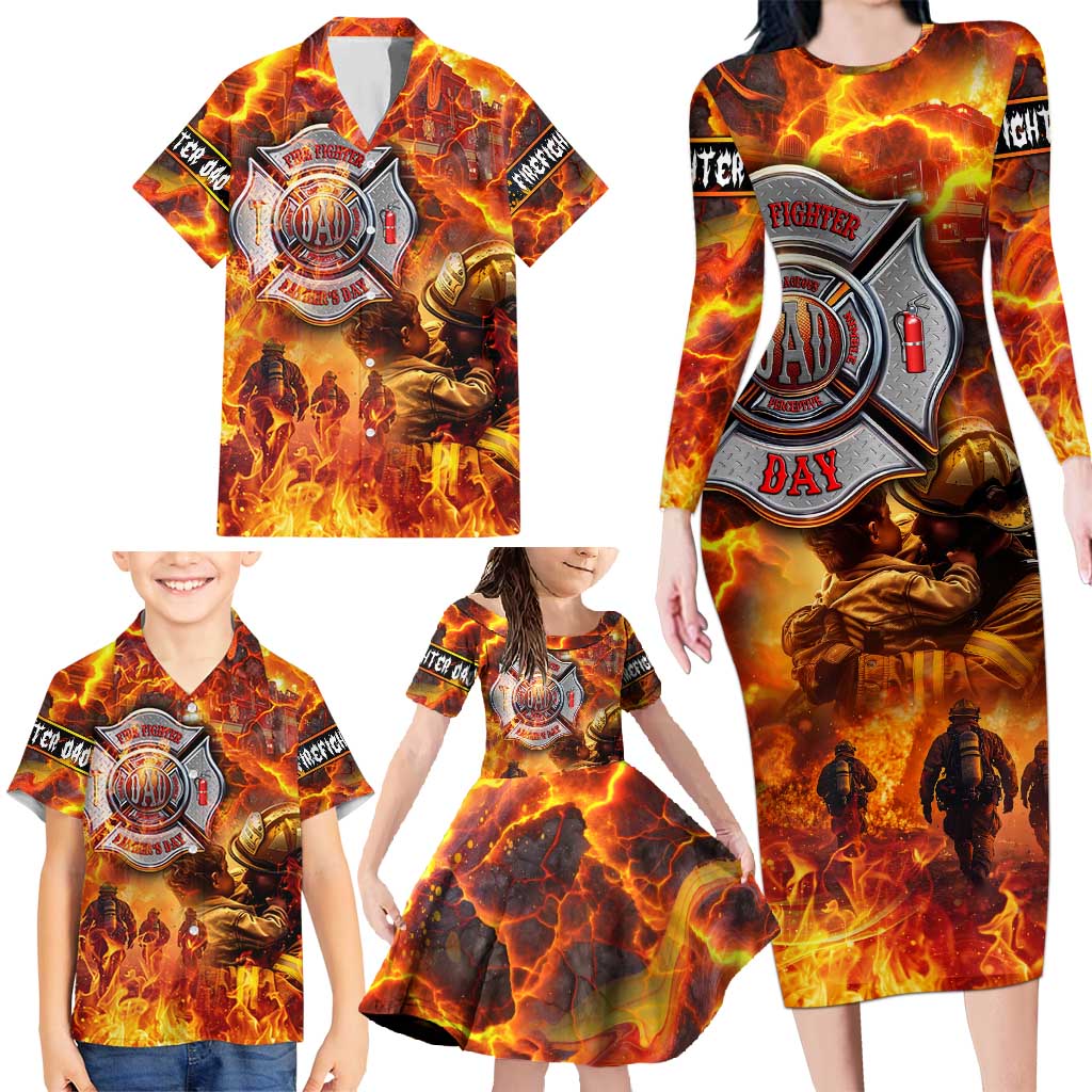 Firefighter Fathers Day Family Matching Long Sleeve Bodycon Dress and Hawaiian Shirt Dad By Name - Firefighter By Heart