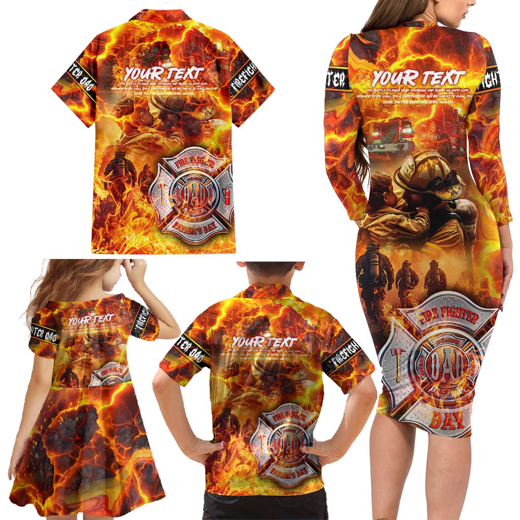 Firefighter Fathers Day Family Matching Long Sleeve Bodycon Dress and Hawaiian Shirt Dad By Name - Firefighter By Heart