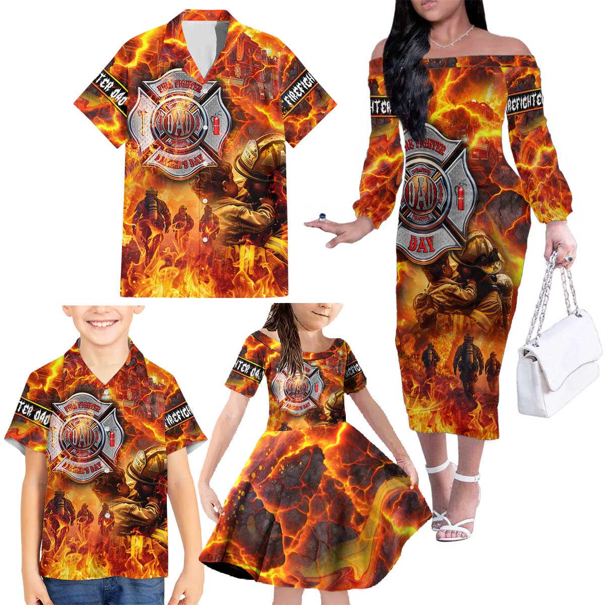 Firefighter Fathers Day Family Matching Off The Shoulder Long Sleeve Dress and Hawaiian Shirt Dad By Name - Firefighter By Heart