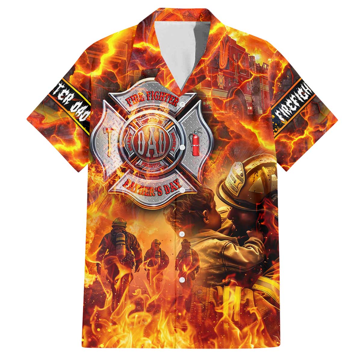 Firefighter Fathers Day Family Matching Off The Shoulder Long Sleeve Dress and Hawaiian Shirt Dad By Name - Firefighter By Heart