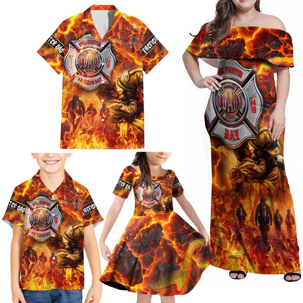 Firefighter Fathers Day Family Matching Off Shoulder Maxi Dress and Hawaiian Shirt Dad By Name - Firefighter By Heart