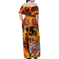 Firefighter Fathers Day Family Matching Off Shoulder Maxi Dress and Hawaiian Shirt Dad By Name - Firefighter By Heart
