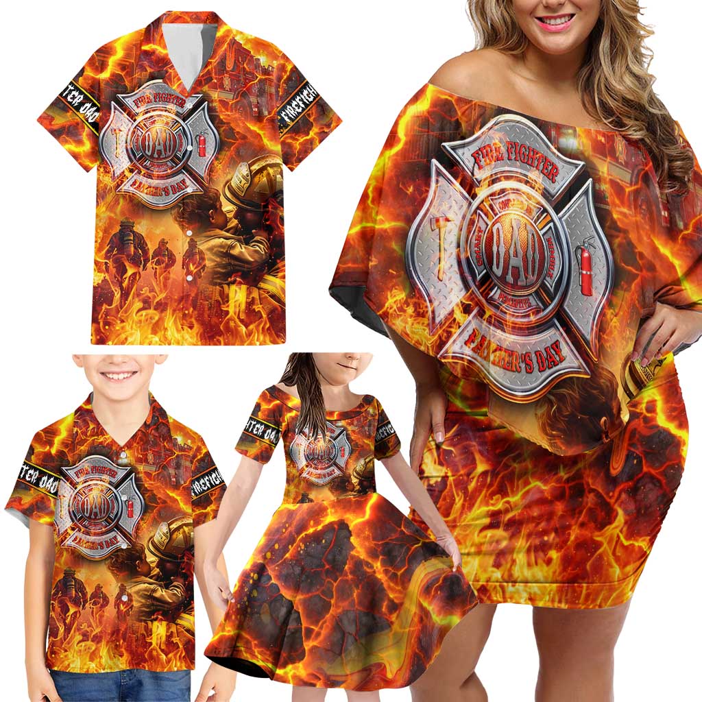 Firefighter Fathers Day Family Matching Off Shoulder Short Dress and Hawaiian Shirt Dad By Name - Firefighter By Heart