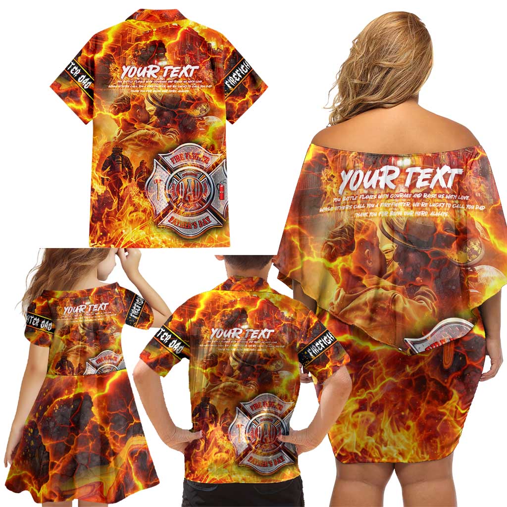 Firefighter Fathers Day Family Matching Off Shoulder Short Dress and Hawaiian Shirt Dad By Name - Firefighter By Heart