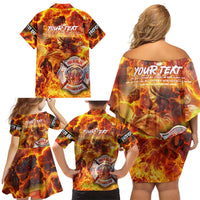 Firefighter Fathers Day Family Matching Off Shoulder Short Dress and Hawaiian Shirt Dad By Name - Firefighter By Heart