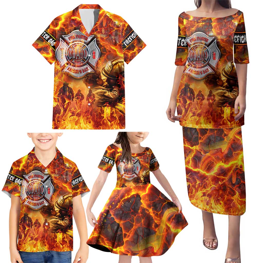 Firefighter Fathers Day Family Matching Puletasi and Hawaiian Shirt Dad By Name - Firefighter By Heart