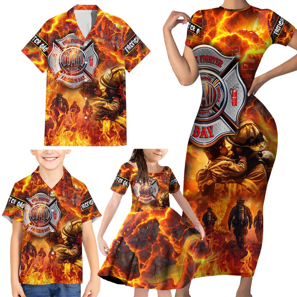 Firefighter Fathers Day Family Matching Short Sleeve Bodycon Dress and Hawaiian Shirt Dad By Name - Firefighter By Heart