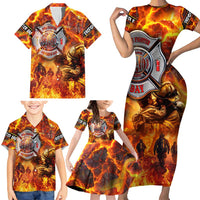 Firefighter Fathers Day Family Matching Short Sleeve Bodycon Dress and Hawaiian Shirt Dad By Name - Firefighter By Heart