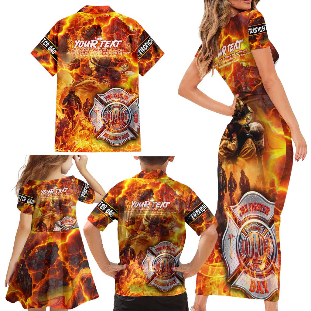 Firefighter Fathers Day Family Matching Short Sleeve Bodycon Dress and Hawaiian Shirt Dad By Name - Firefighter By Heart
