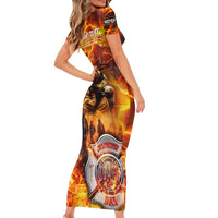 Firefighter Fathers Day Family Matching Short Sleeve Bodycon Dress and Hawaiian Shirt Dad By Name - Firefighter By Heart