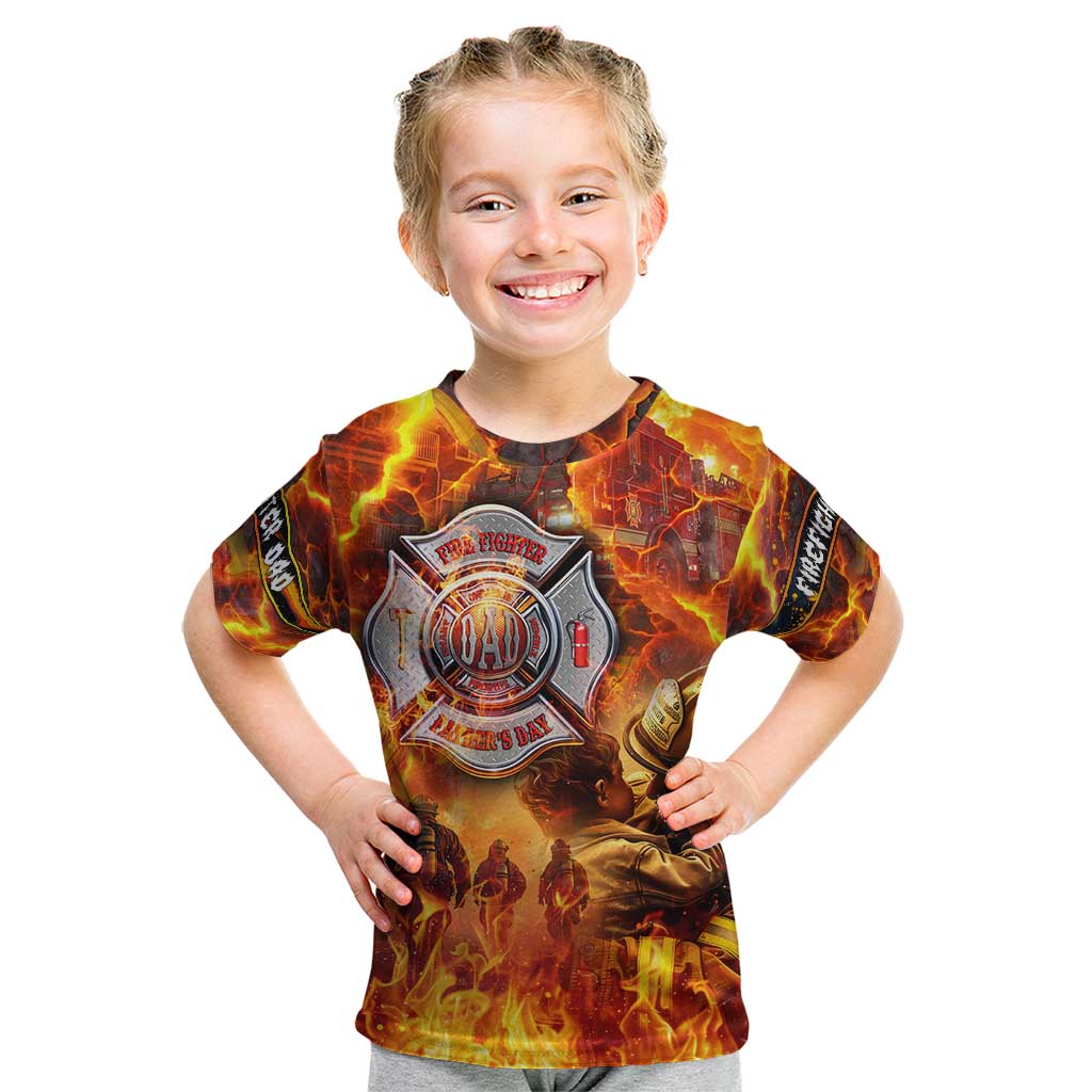Firefighter Fathers Day Kid T Shirt Dad By Name - Firefighter By Heart