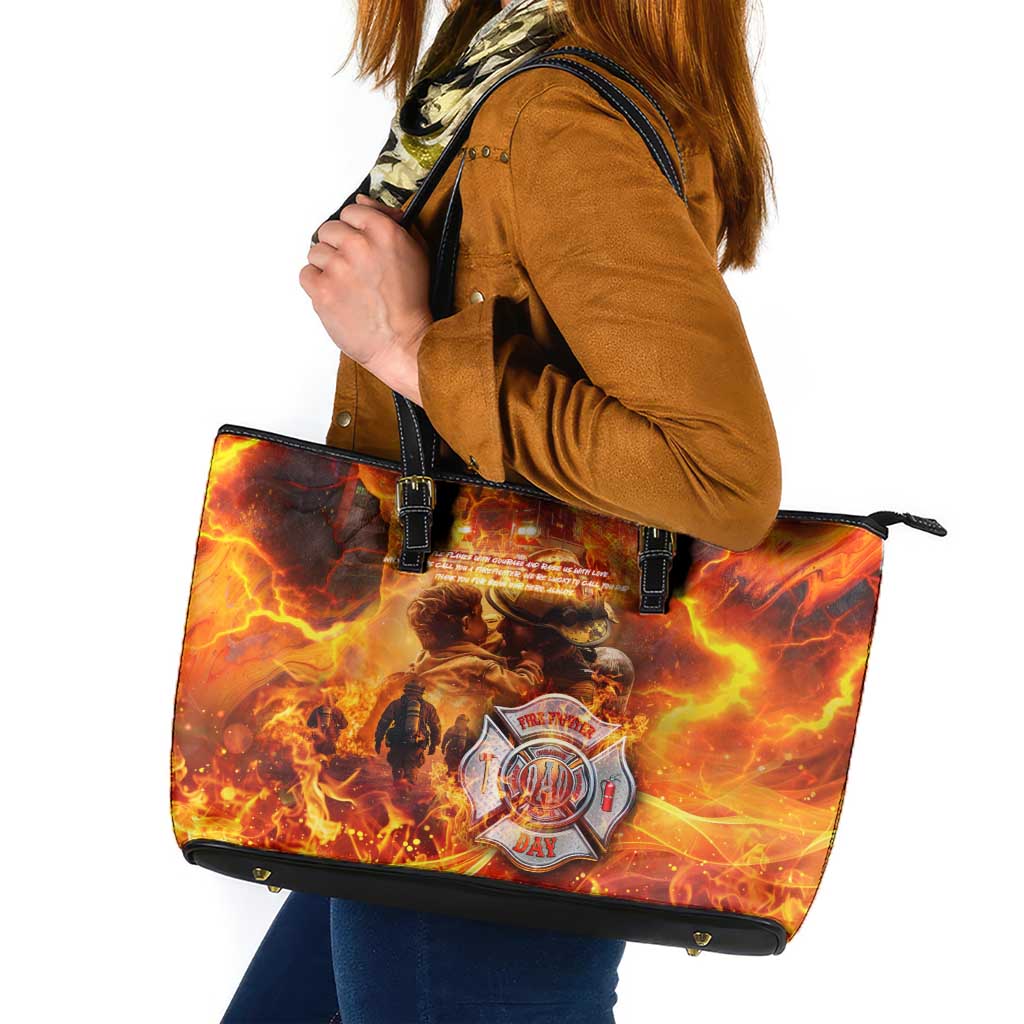Firefighter Fathers Day Leather Tote Bag Dad By Name - Firefighter By Heart