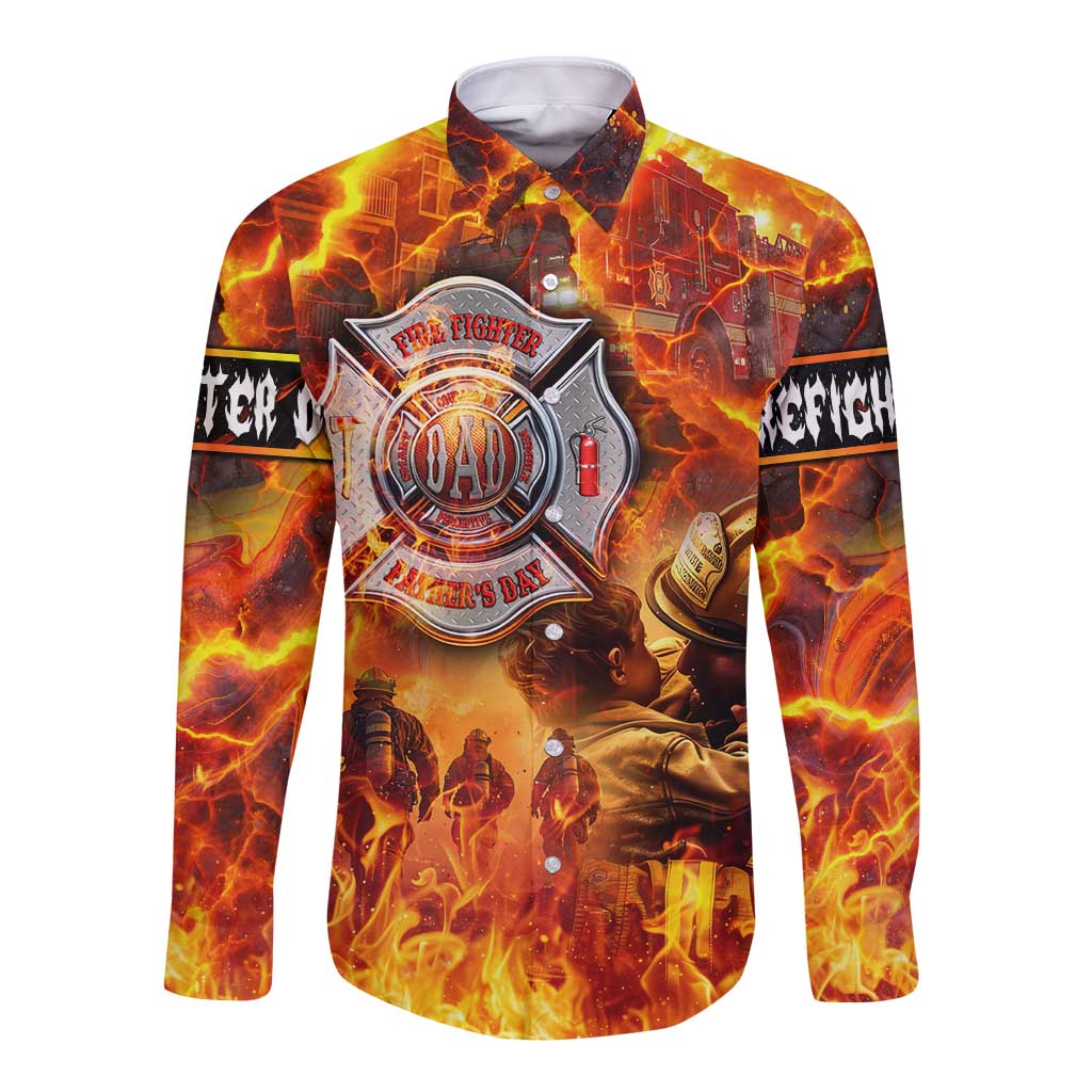 Firefighter Fathers Day Long Sleeve Button Shirt Dad By Name - Firefighter By Heart