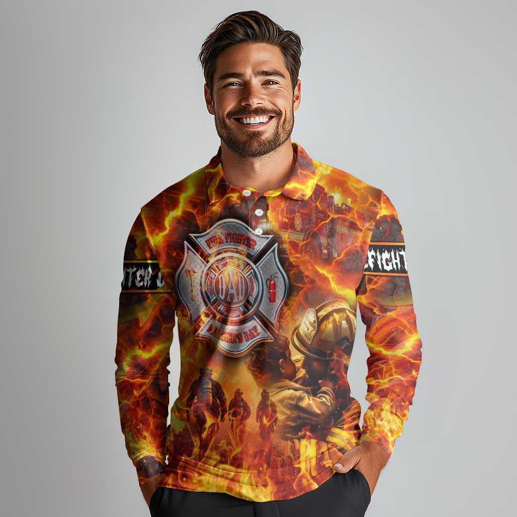 Firefighter Fathers Day Long Sleeve Polo Shirt Dad By Name - Firefighter By Heart