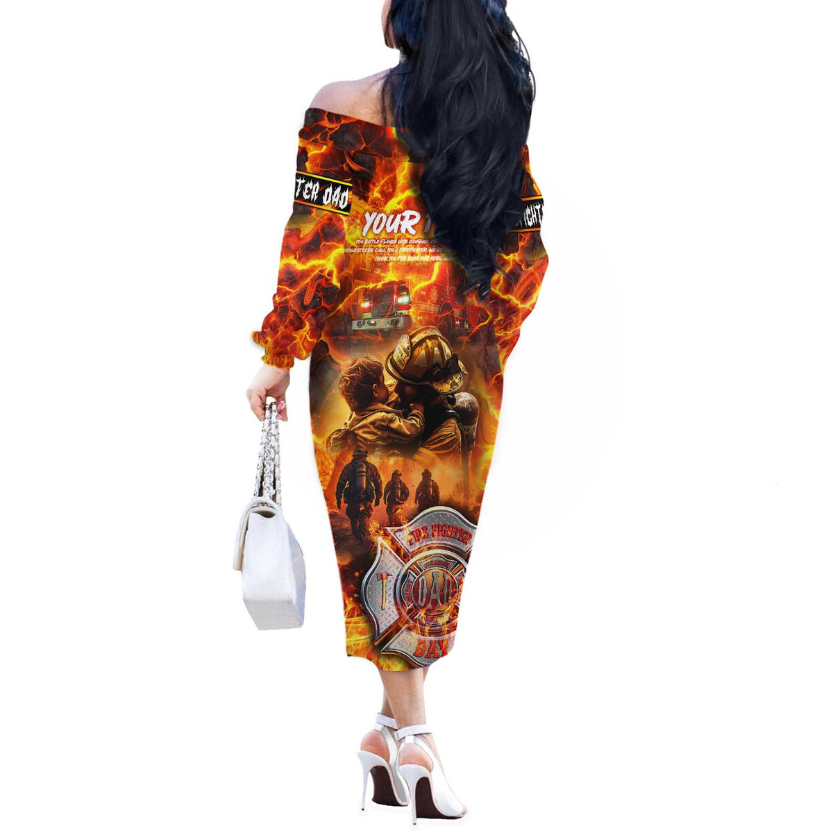Firefighter Fathers Day Off The Shoulder Long Sleeve Dress Dad By Name - Firefighter By Heart