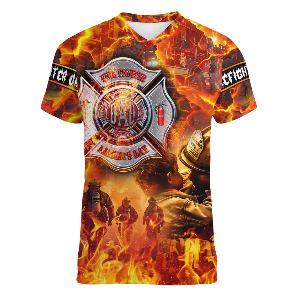 Firefighter Fathers Day Women V-Neck T-Shirt Dad By Name - Firefighter By Heart