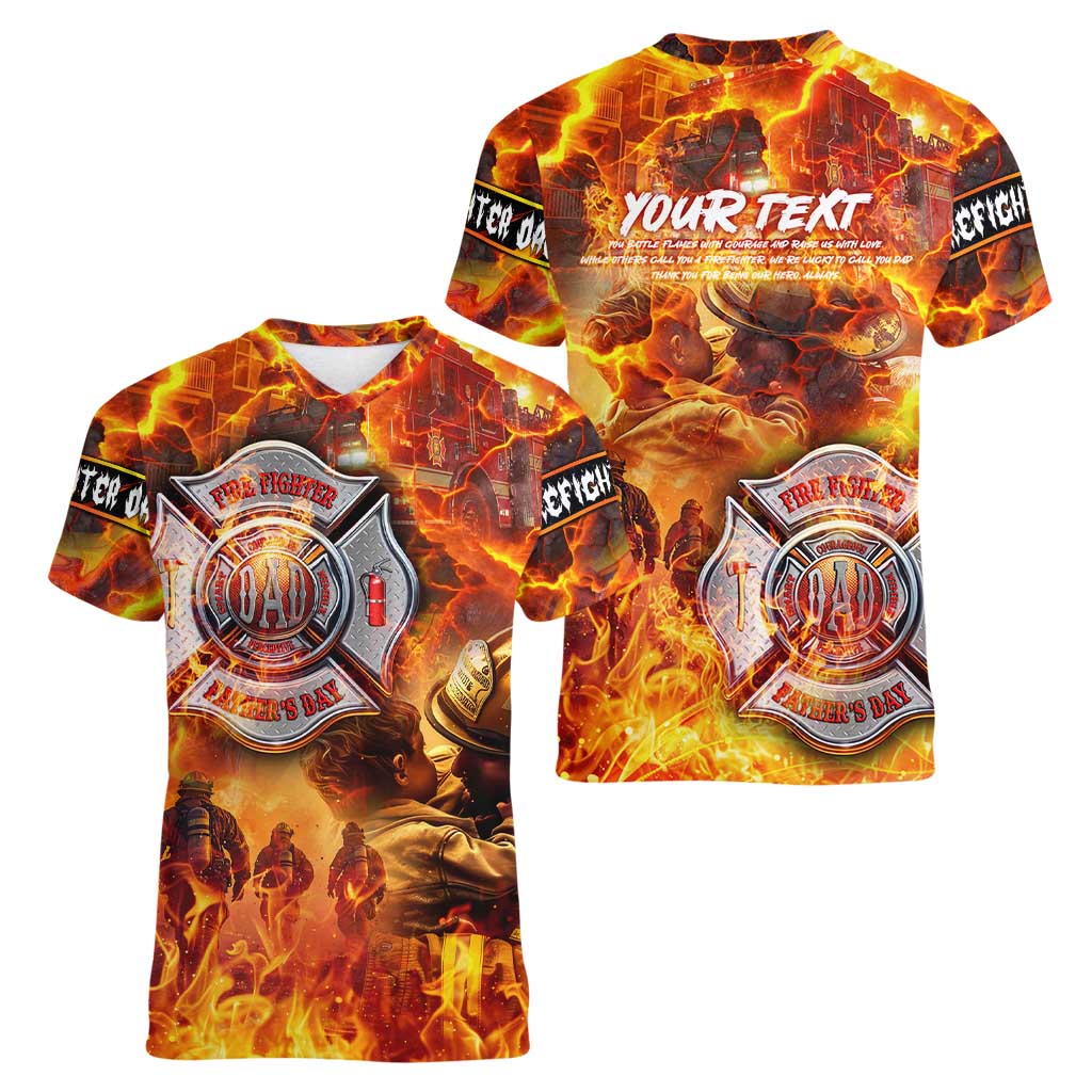 Firefighter Fathers Day Women V-Neck T-Shirt Dad By Name - Firefighter By Heart