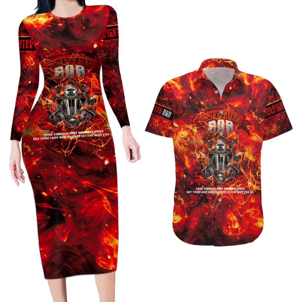 Firefighter Dad Couples Matching Long Sleeve Bodycon Dress and Hawaiian Shirt a Hero in the Flames - a Light in Our Lives