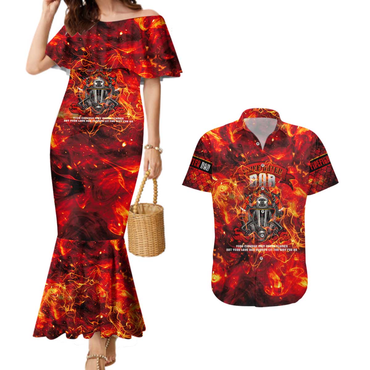Firefighter Dad Couples Matching Mermaid Dress and Hawaiian Shirt a Hero in the Flames - a Light in Our Lives
