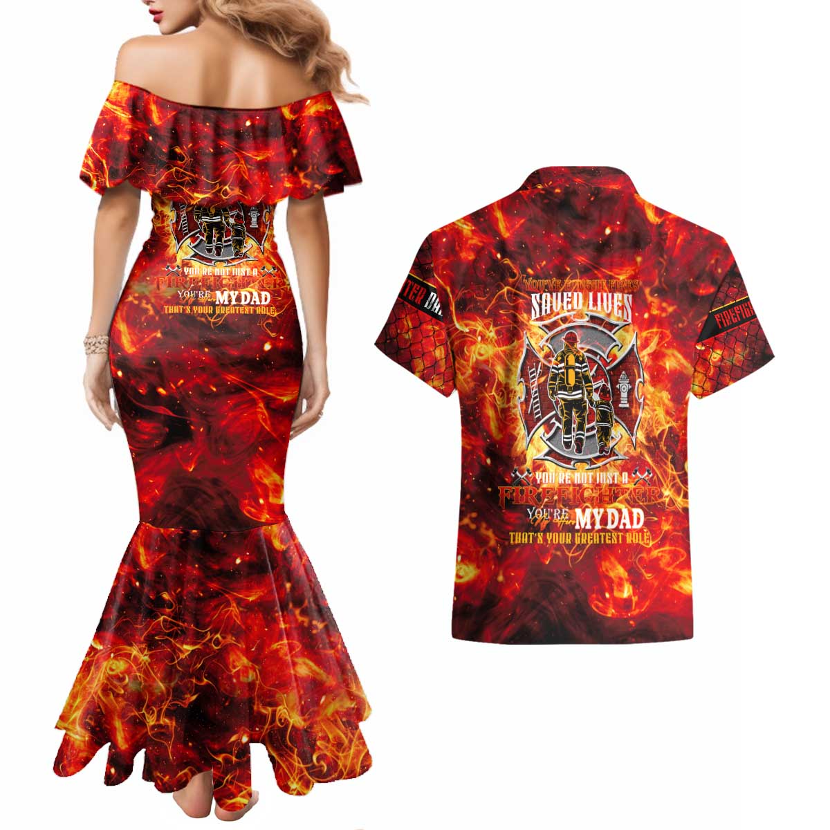 Firefighter Dad Couples Matching Mermaid Dress and Hawaiian Shirt a Hero in the Flames - a Light in Our Lives