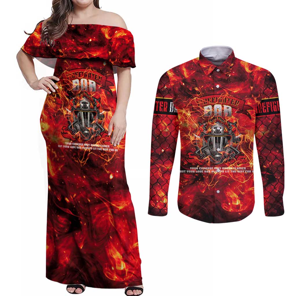 Firefighter Dad Couples Matching Off Shoulder Maxi Dress and Long Sleeve Button Shirt a Hero in the Flames - a Light in Our Lives