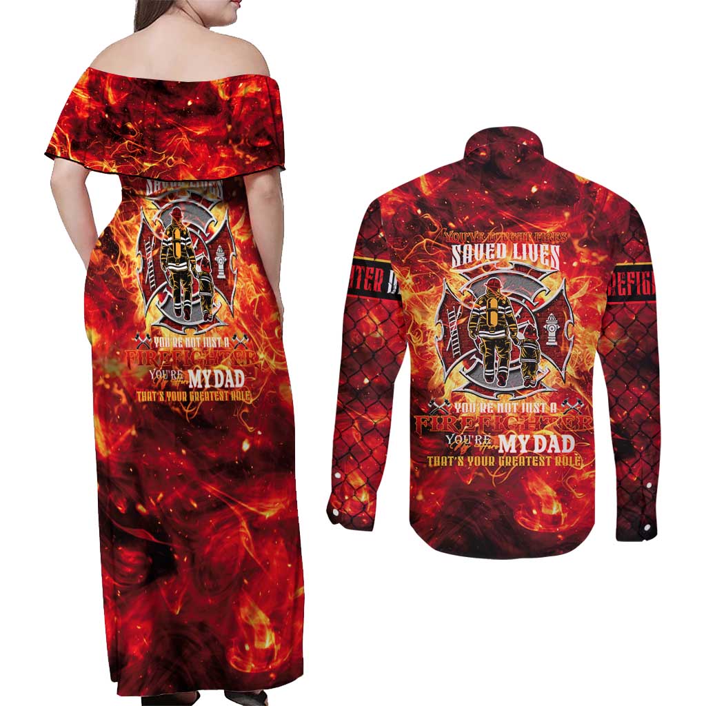 Firefighter Dad Couples Matching Off Shoulder Maxi Dress and Long Sleeve Button Shirt a Hero in the Flames - a Light in Our Lives